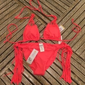 Sexy Neon Coral Fringe Bikini Top+Bottom BillaBong